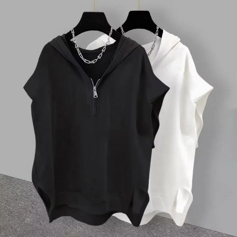 Men Top Hip Hop Style Loose Zipper Hooded Solid Color Sleeveless Pullover Streetwear Club Party Dance Hoodie Fitness Workout Top