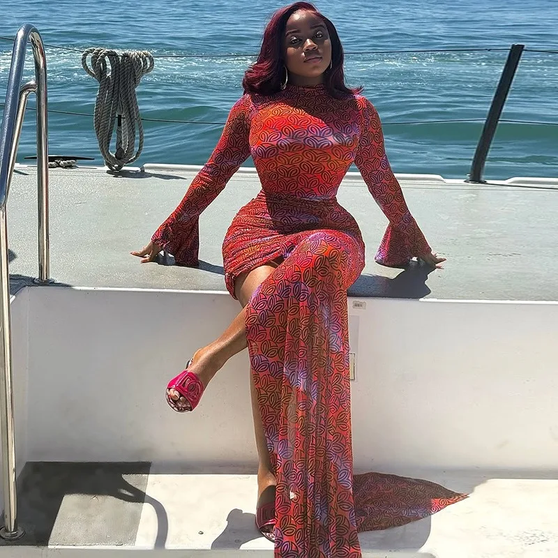 

Women's Turtleneck Long Flare Sleeve Pleated Irregular Dress, High Waist, Hips Wrapped