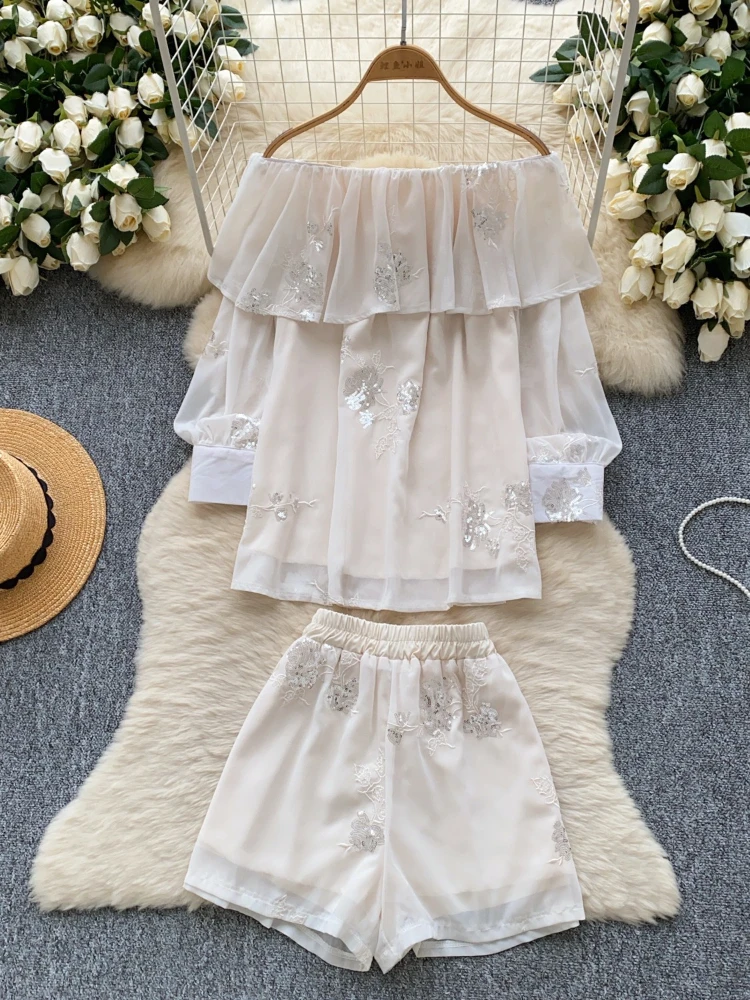 

Temperament off shoulder lotus leaf edge sequin chiffon shirt women's high waist wide leg shorts elegant two-piece set