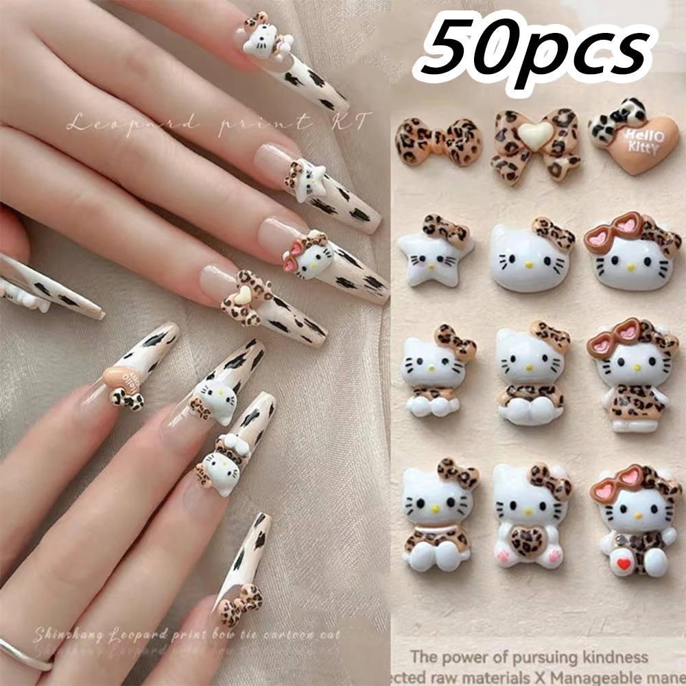 20/30/50Pcs 3D Sanrio Leopard Print Hello Kittys Nail Charms Cute Cartoon Cat Star Bow Designs for Creative DIY Manicure Decorat