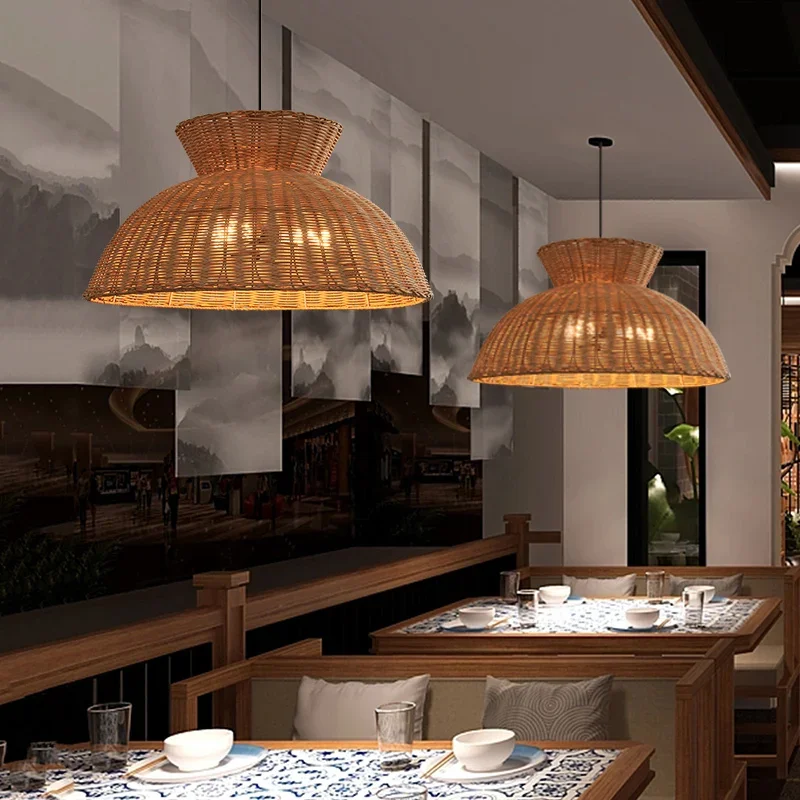 

Southeast Asian Semicircle Rattan Lamp Handmade Vintage Pendant Lights for Restaurants Hot Pot Dining Room Rural Pastoral Lamps