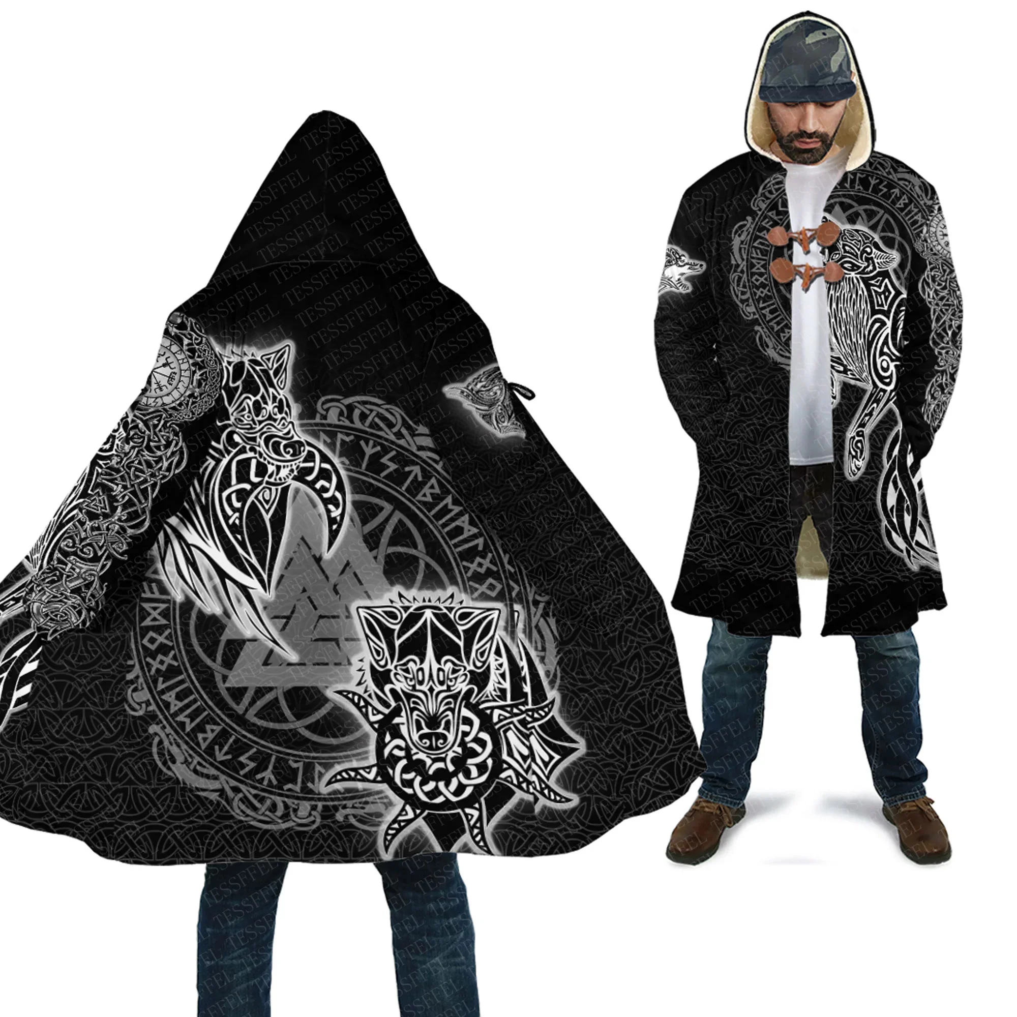 

Cosplay Fenrir Norse Mythology Odin God Wolf Tattoo Retro Vintage Harajuku 3D Print Winter Overcoat Cloak Hoody Causal Cape X2