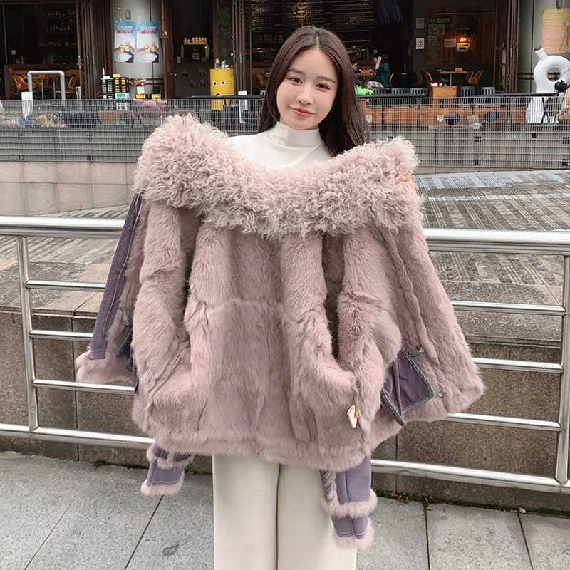 2024Winter Short Style Fur Women Sheepskin Jacket Suede fabric100%With Natural Rabbit Lining natural wool collar fallow Fur Coat