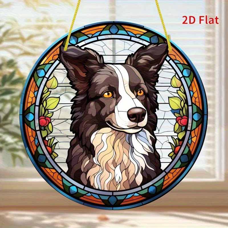 Atrapasueños Acrílico Redondo Plano 2D de 19.81 cm - Diseño de Perro Border Collie Plano 2D con Efecto de Vidrio Teñido, Colores Vibrantes, Decoración de Pared