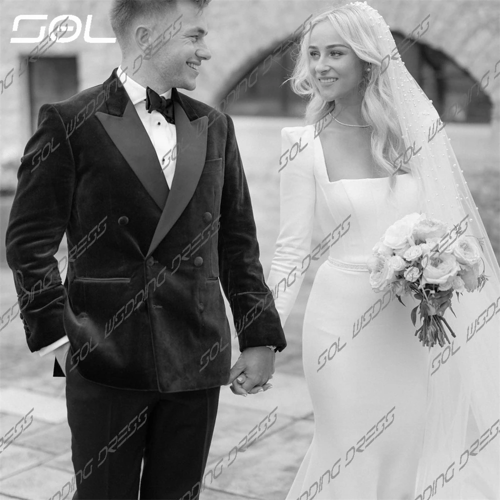 Sol elegante lange Ärmel quadratischen Kragen Falten Meerjungfrau Brautkleider einfache rücken freie Satin Brautkleider Vestidos de Novia