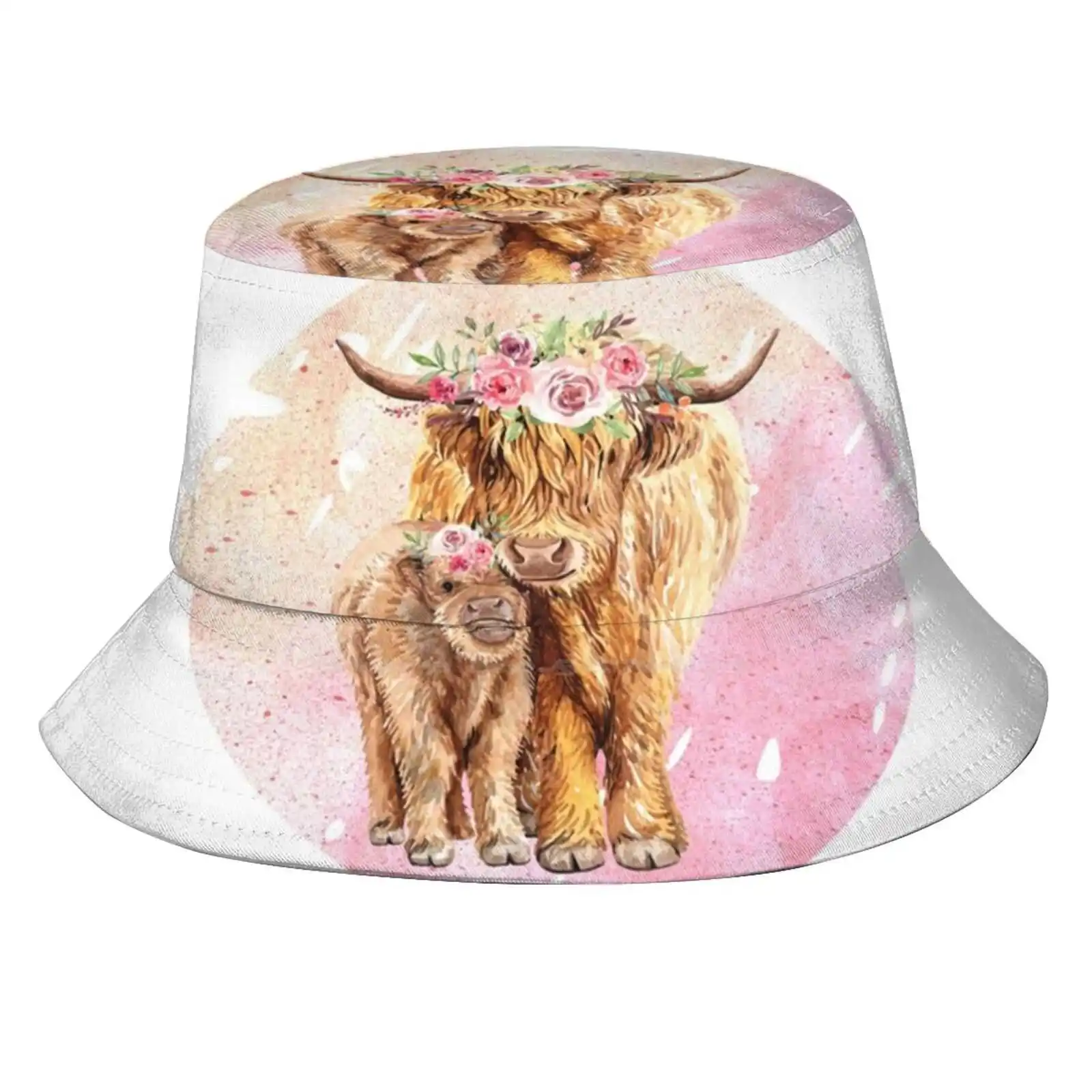 Highland Cow & Calf Sun Cap Fisherman Hat Bucket Hats Aberdeen Angus Muckle Cow Farmer Farming Calf Scottish Highland Cattle