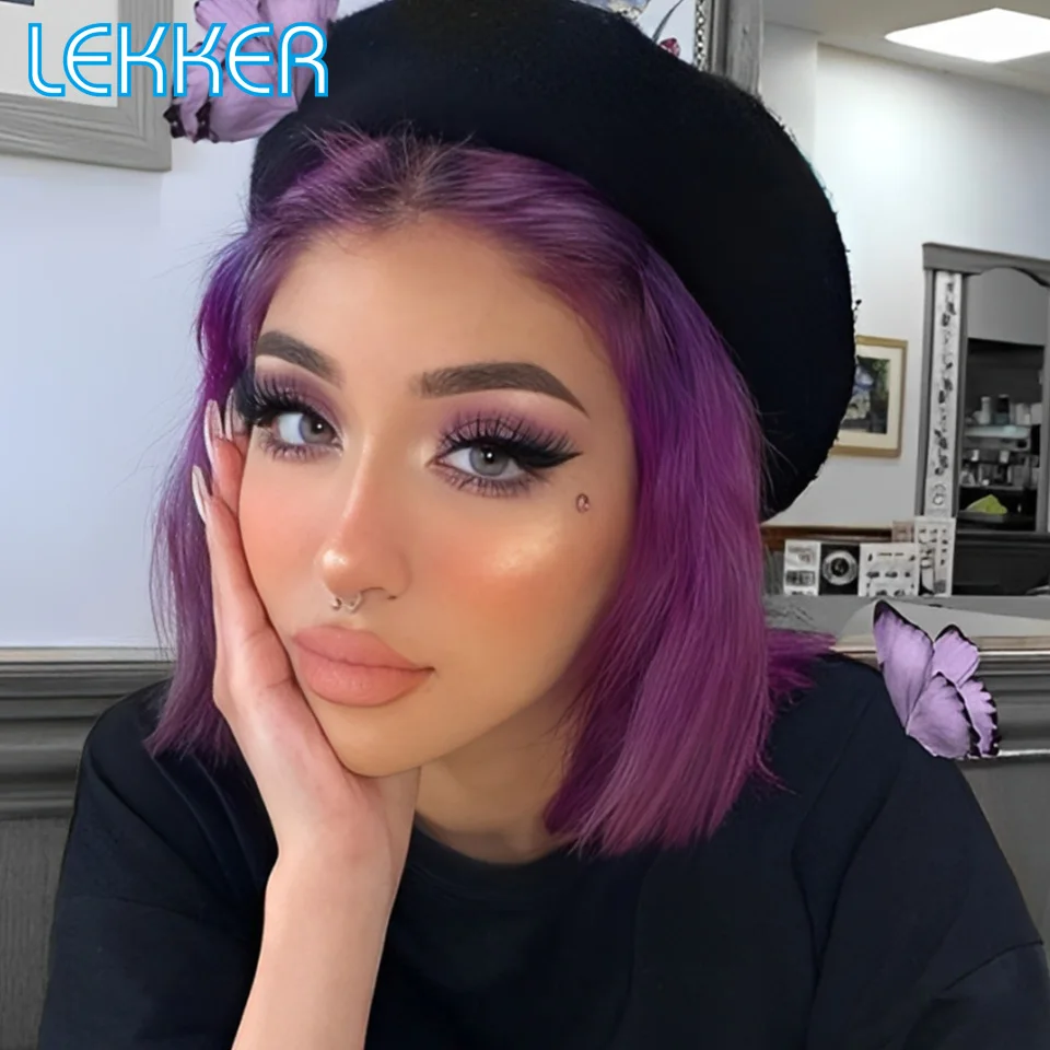 

Lekker Black Purple Short Straight Bob 13x1 T Lace Front 100% Human Hair Wigs For Women Glueless Brazilian Remy Hair Summer Wigs
