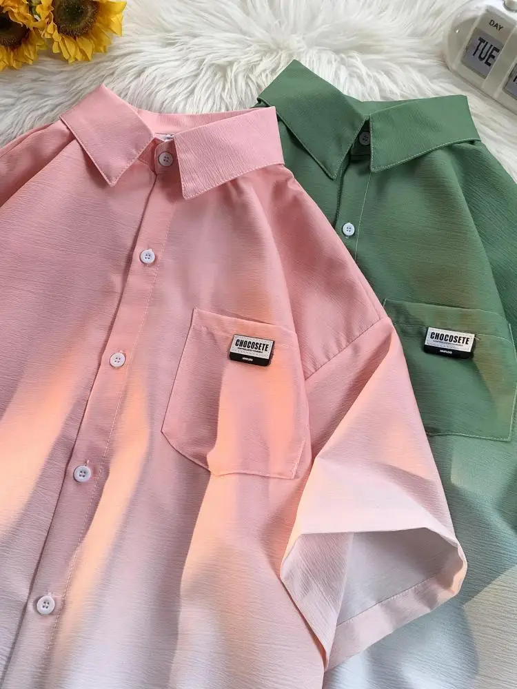 

adual Color ort Sve Men's irt Summer American Sle Casual Loose Fit Couple's Clothing ket Label Trendy Outerwear