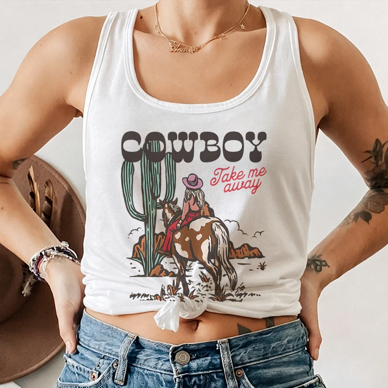 Cowboy Take Me Away Vintage Countryside Vest Women's Retro Cowgirl Saguaro Cactus Print Tshirt Western Retro Sleeveless Tank Top