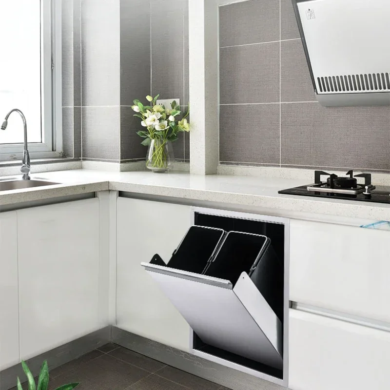 Stainless steel recessed trash can, household storage, kitchen wall-mounted trash can, leak-proof trash can, modern design
