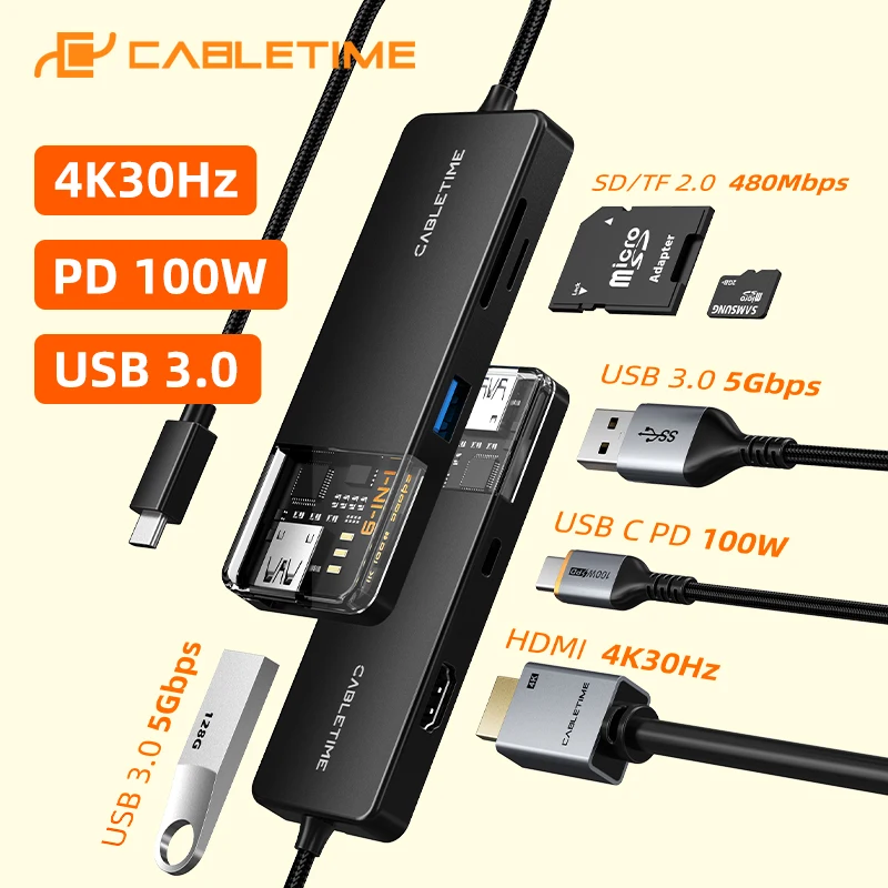 

New CABLETIME 4 in 1 USB A HUB USB 3.0 Adapter HDMI Multi port 4K@30Hz Steam Deck Dock Charging Station for Laptop Macbook pro