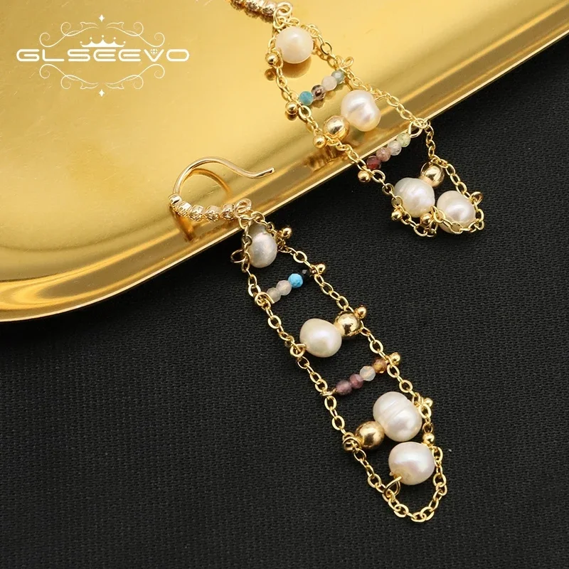 GLSEEVO 18K Gold Plated Metal Cloud ladder pearl ear hook Round Hook Earrings Birthday Gift Beautiful Fashion For Women