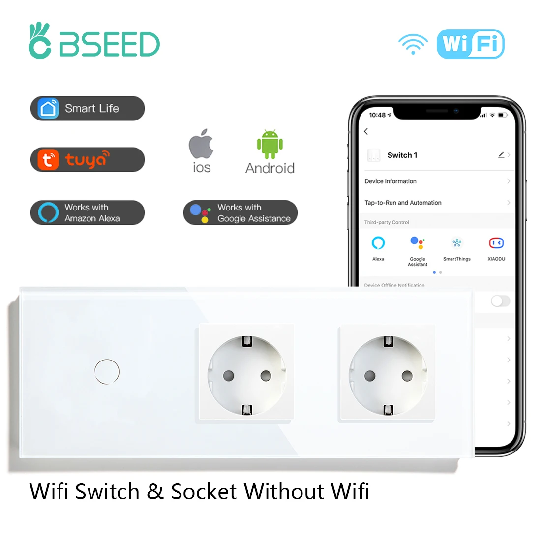 BSEED 1/2/3Gang 1/2/3 way Wifi Switch With Double EU Sockets Without Wifi Crystal Control Alexa Google Home Tuya App