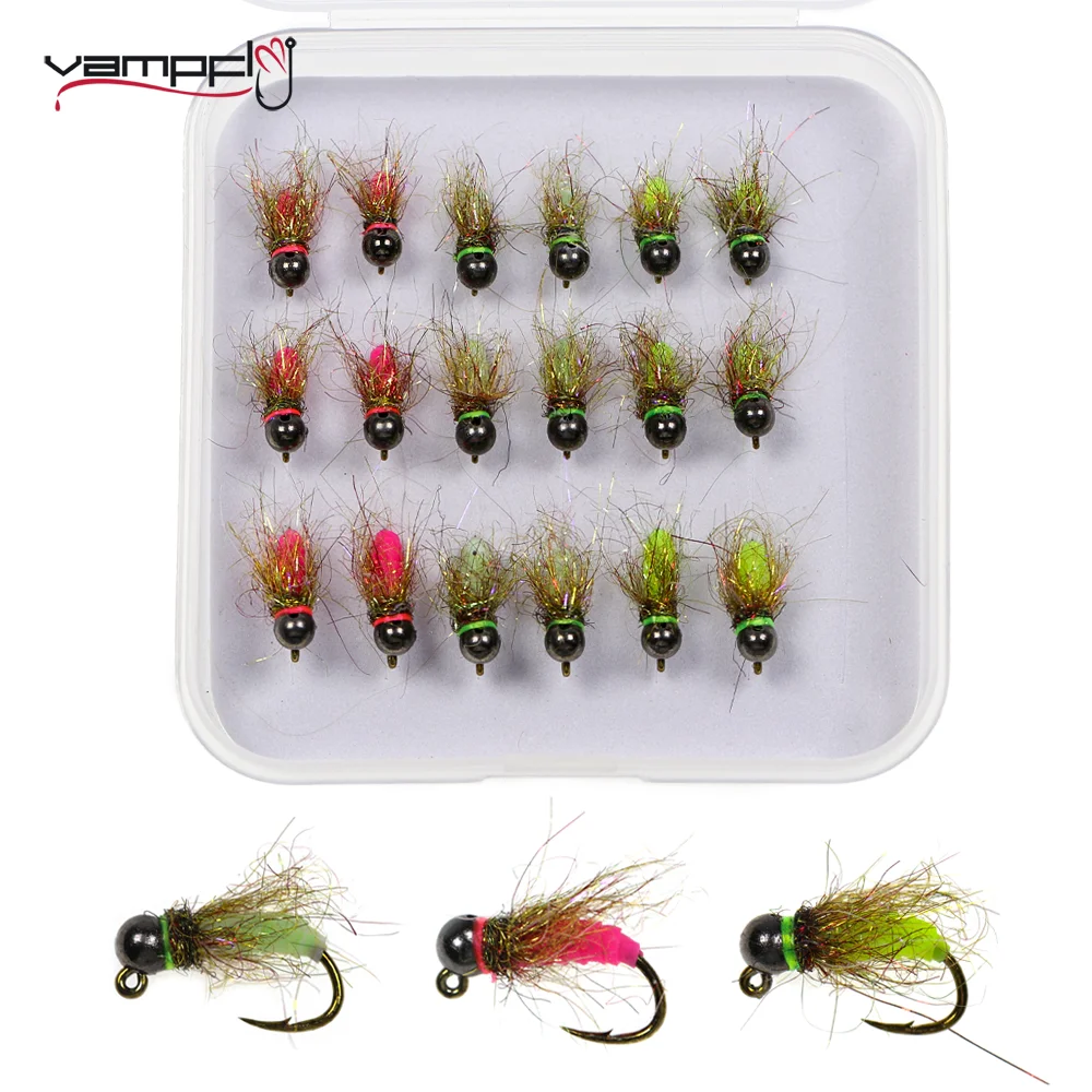 Vampfly 18pcs/box Tungsten Beadhead Barbed Jig Hook Wet Nymphs Fishing Fly Fast Sinking Baits Bass Trout Salmon Fishing Lure