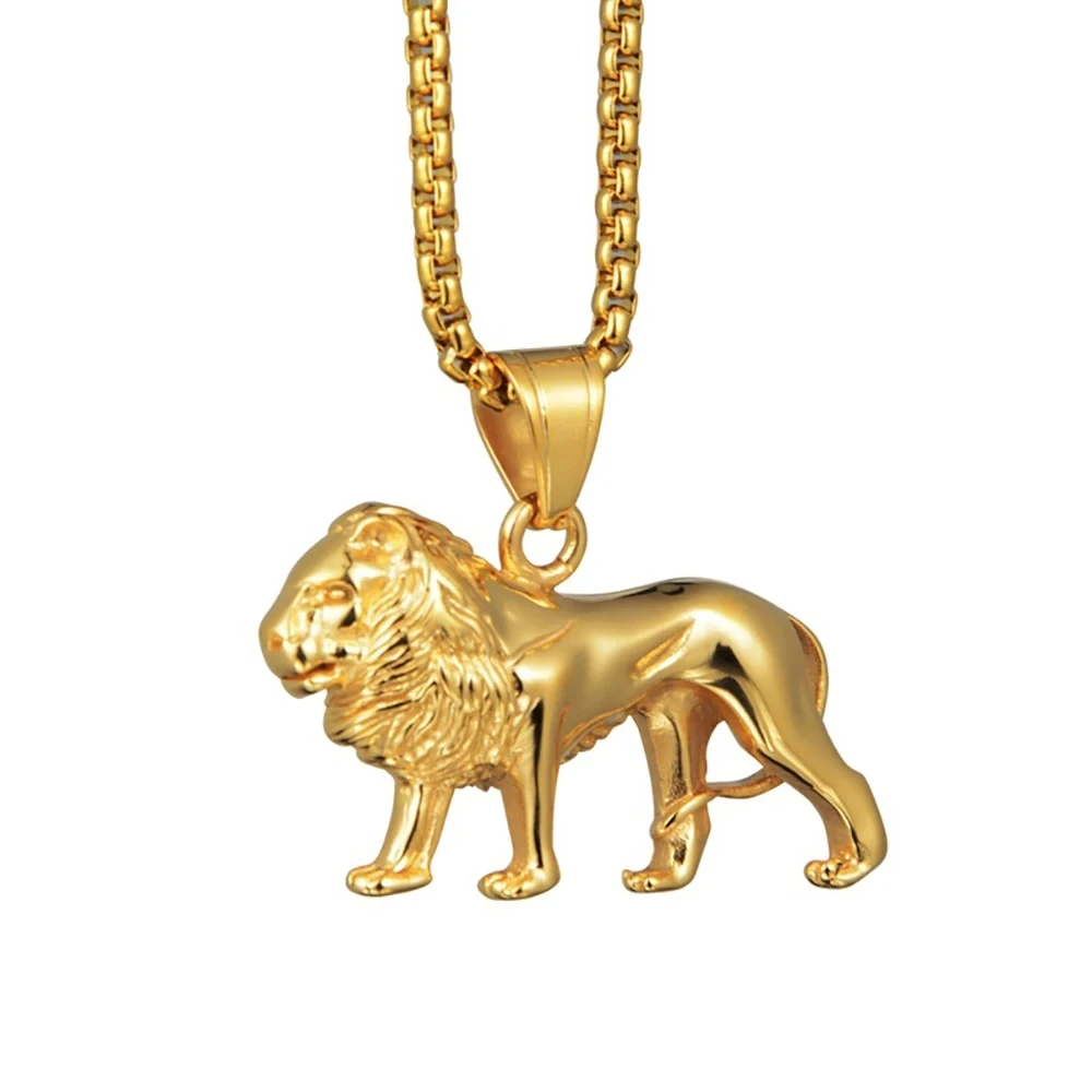 Stainless Steel Lion Necklace for Women/Men,Gold Color Lions Head Pendant Animal Jewelry,Africa Lion Ethiopian Best Gift