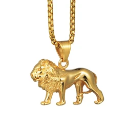 Stainless Steel Lion Necklace for Women/Men,Gold Color Lions Head Pendant Animal Jewelry,Africa Lion Ethiopian Best Gift