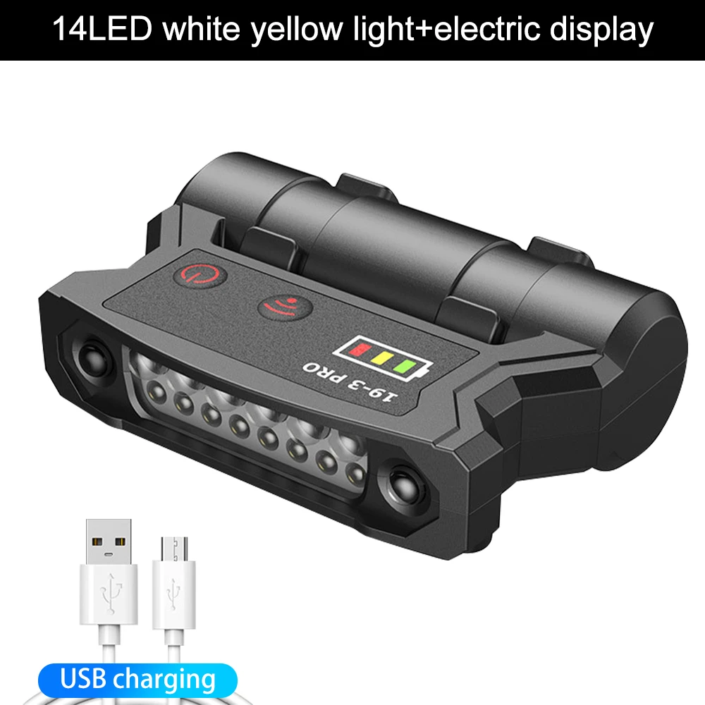 USB charging 14led white + yellow light induction headlamp electric display fishing cap clip lamp