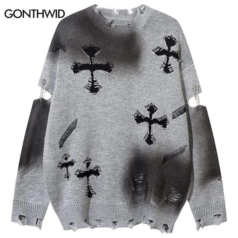 Vintage Sweater Grunge Y2K Ripped Hole Knitted Cross Punk Gothic Sweaters with Pin Hip Hop Tie Dye Oversize Jumper Streetwear