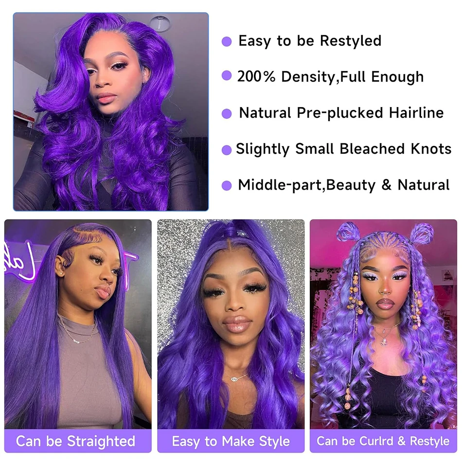 13X4 Body Wave Lace Front Wigs Human Hair Blue Lace Frontal Wig 200% Density Transparent Hair Wigs Colored Red And Purple Wigs