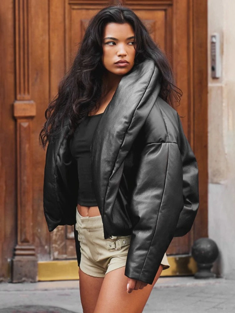 

Fashion Stand Collar Solid Padding Coats for Women Streetwear 2025 Autumn Winter Long Sleeve Cardigan Outerwear Black Red Jacket