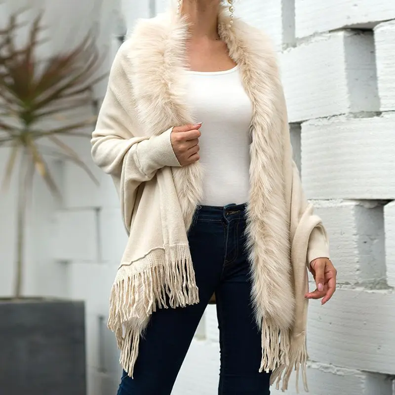 

Winter and Autumn Fringed Cape Shawl with Fluffy Collar Cloak Solid-color Knitted Sweater Coat