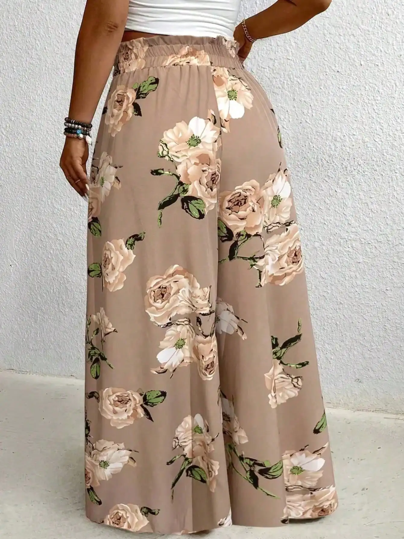 Elegante, bedruckte, weit geschnittene Hosen in Übergrößen für Damen, lockere Passform, mit imitiertem Kordelzug am Bund, nicht elastischer Stoff. – Detail 4
