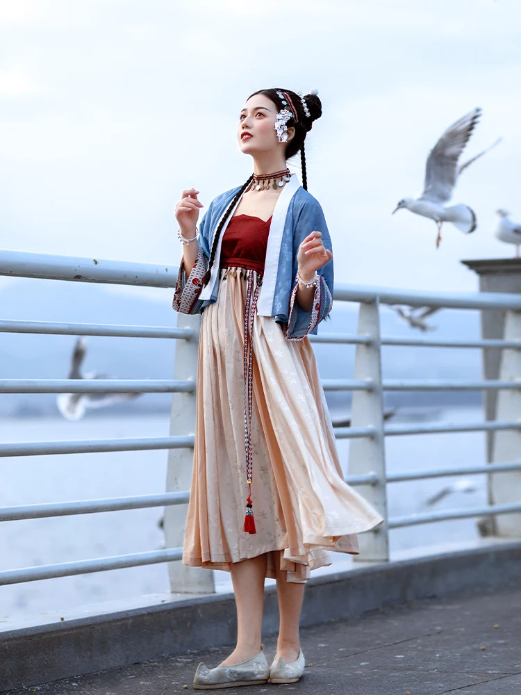 Hanfu Tang เสื้อครึ่งแขนแบบ Han 12ชุดที่บ้าคลั่งฤดูใบไม้ผลิ/ฤดูร้อน