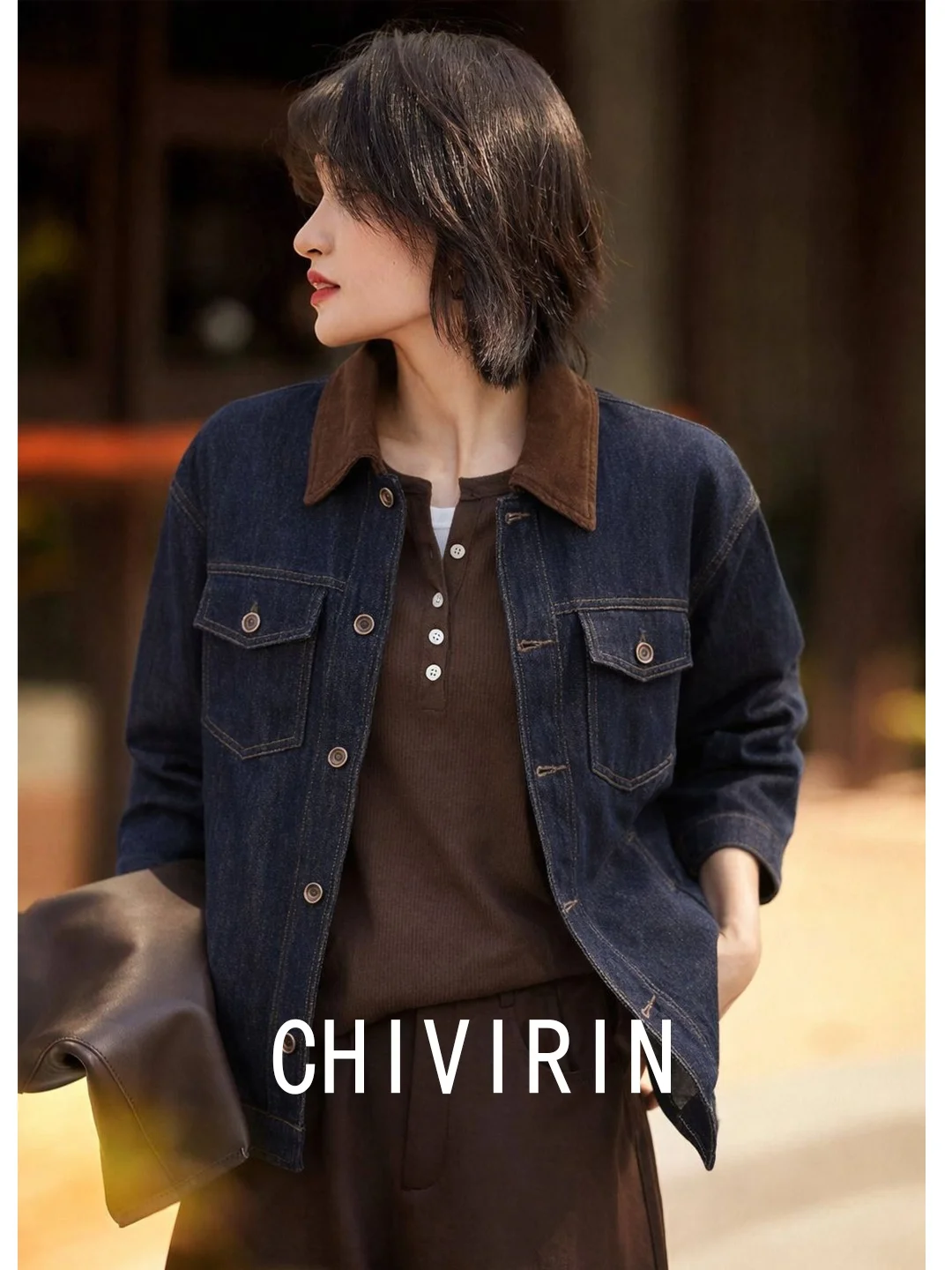 

Винтажный джинсовый жакет Chivirin для женщин: кардиган с длинными рукавами и отложным воротником, приталенный топ из дышащей смеси хлопка и полиэстера
