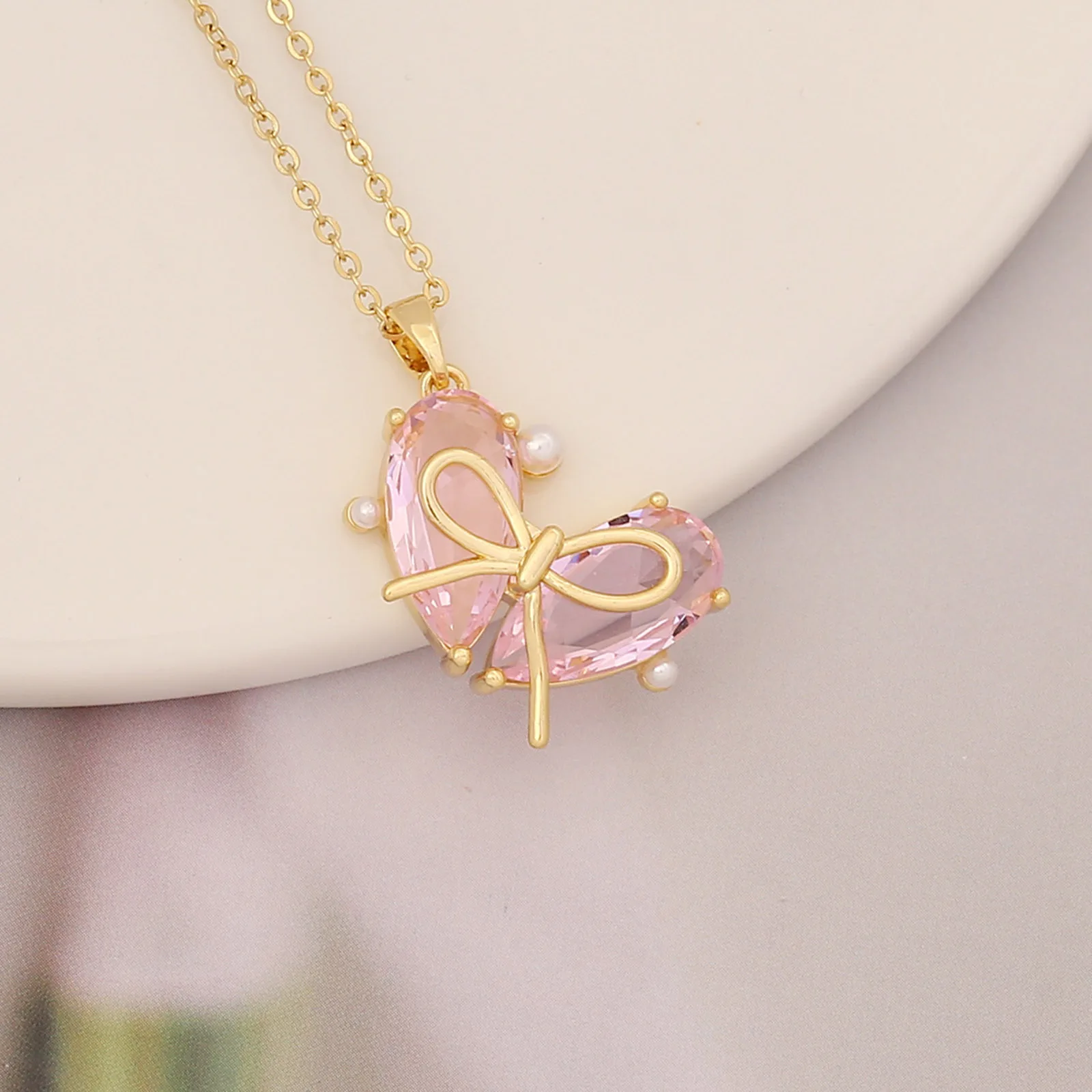 Fashion Copper Pendant Necklace Gold Color Heart Bowknot Sweet Pink Purple Cubic Zirconia Collar Women Jewelry Party 40cm long