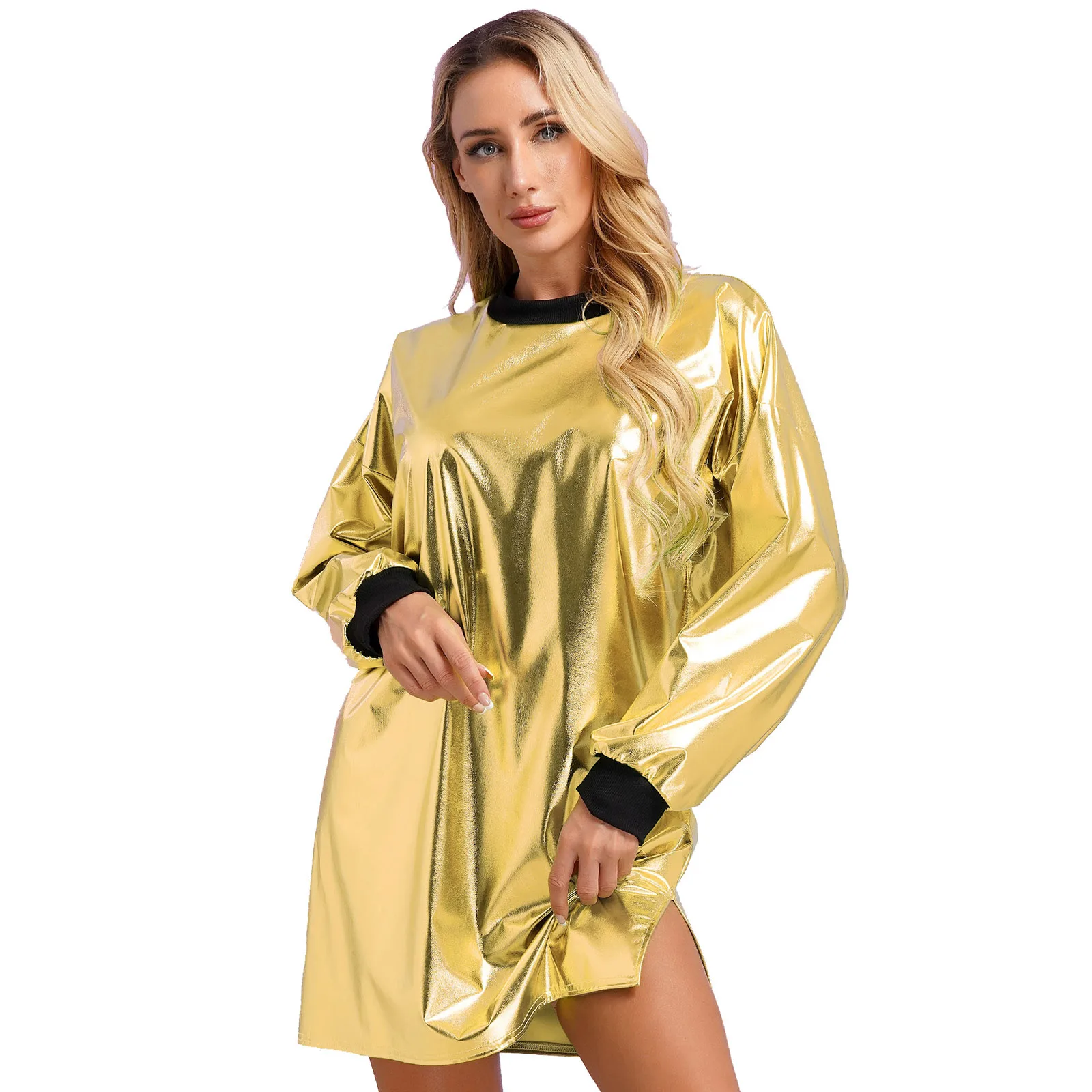 

Womens Nightclub Metallic Shiny T-Shirt Dress Round Neck Long Sleeve Loose Straight Dress for Disco Dance Party Clubwear