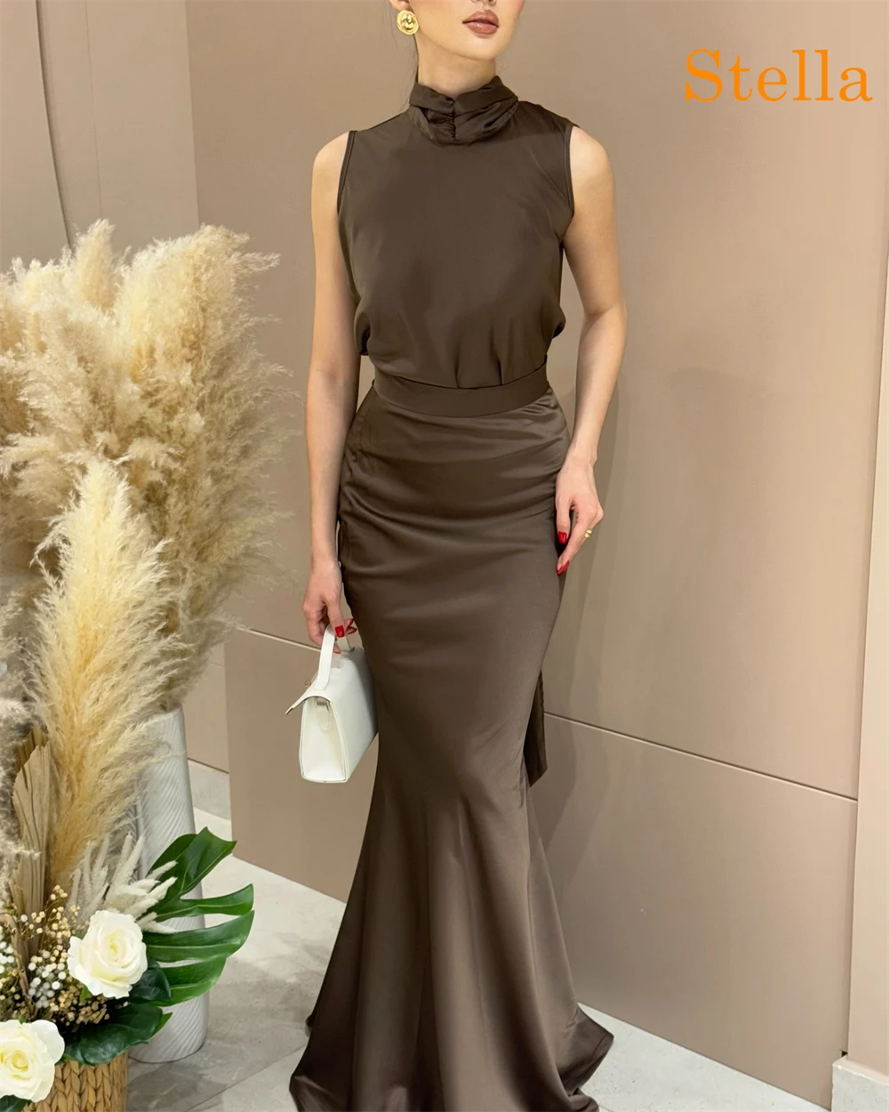 Robe De Noche en Satin marron, personnalisée, exquise, classique, décolleté haut, sans manches, robes De soirée, mode fête, Go