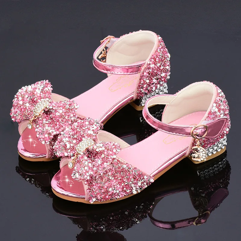 Summer Girls Sandals Rhinestone Bow Dance Party Princess Catwalk Soft Soled Children's High Heels Kids Student Performance Shoes