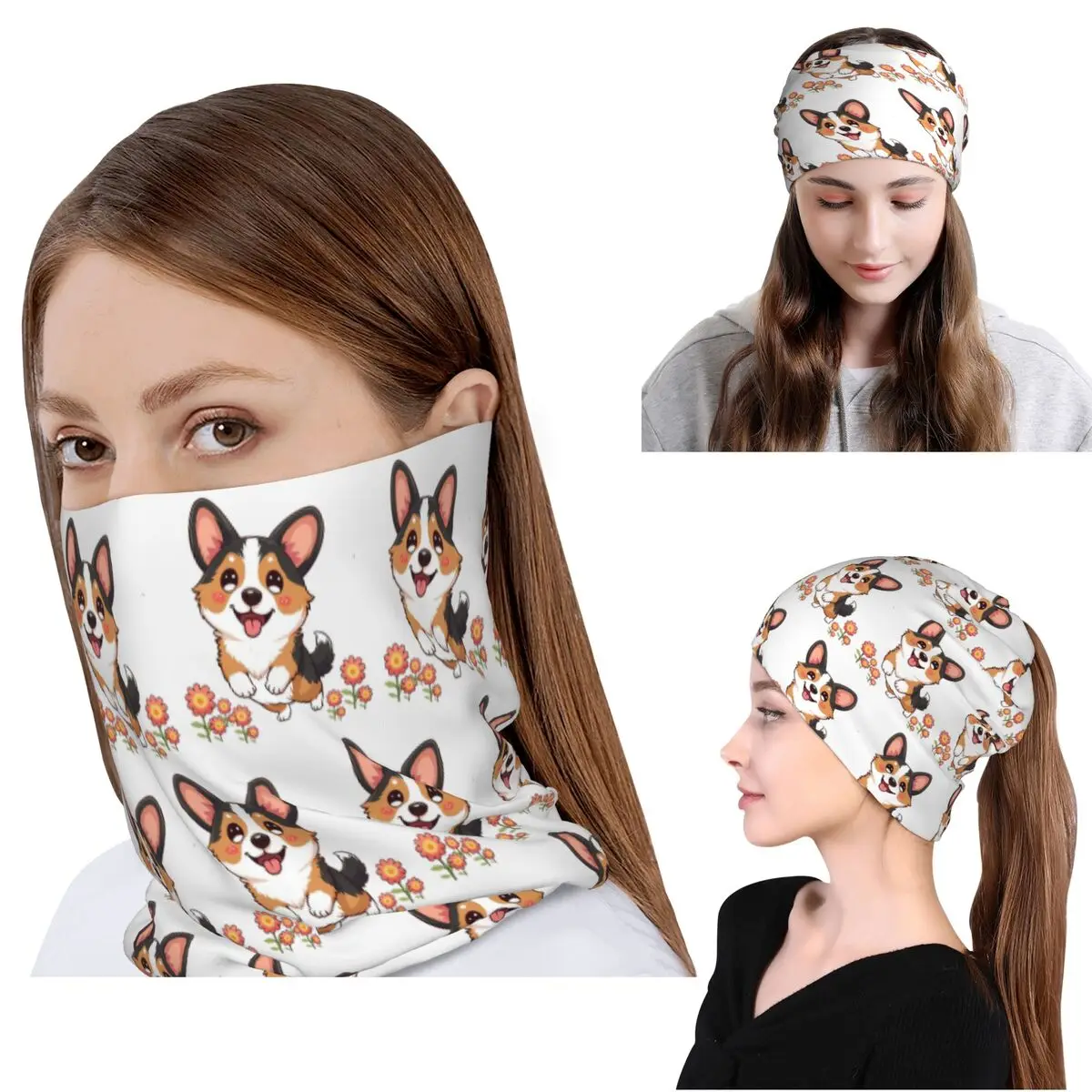 Kawaii Tricolor Corgi In The Garden Bandana Halstuch Wickelschal Mehrzweck-Sturmhaube Mütze Unisex Erwachsene für alle Jahreszeiten