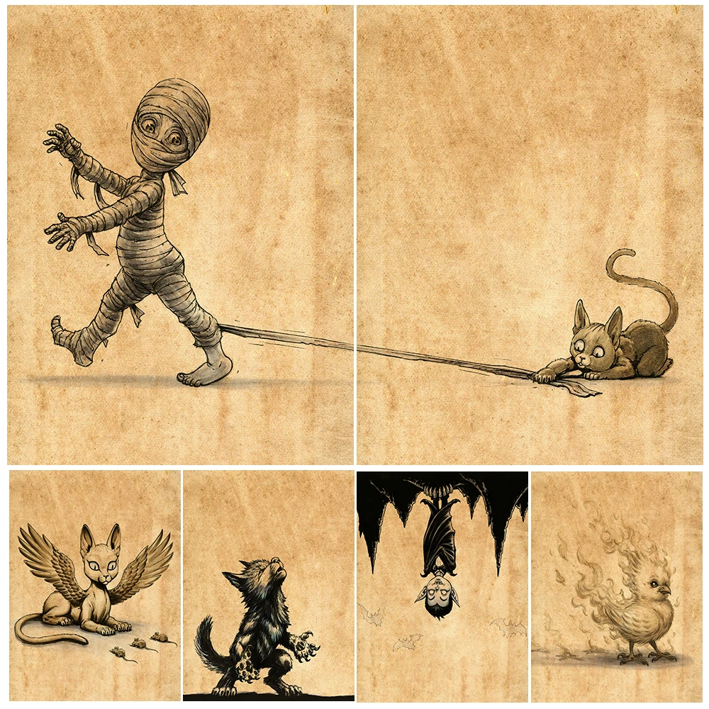 Little Vampire,Lion-Hawk,Phoenix,Mummy Kid Vintage Wall Art Canvas Painting Mythical Biological Baby Art Poster And Print Decor