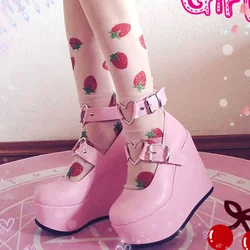 Comemore New Sweet Lolita Style Gothic Cosplay Black Pink Cozy Wedges Mary Jane High Heels Pumps Platform Shoes Woman Black Pink