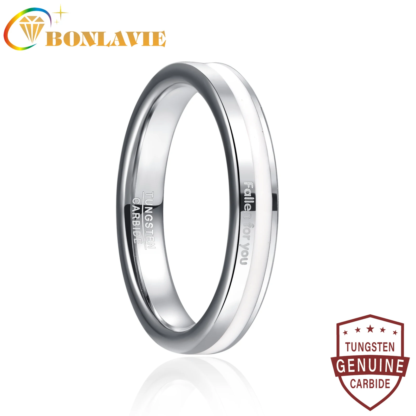 

BONLAVIE 4mm Tungsten Carbide Ring Steel Color Simple White Resin with Letter Fallon for You Women's Wedding Jewelry Best Gift