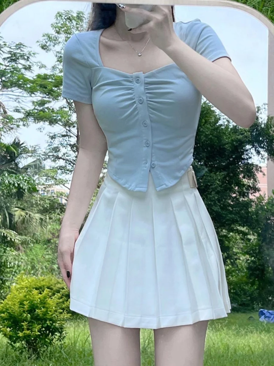 Niebieski Słodki Asymetryczny Plisowany Top Damski Letni Oryginalny Pikantny Czysta Pożądanie Dekolt V