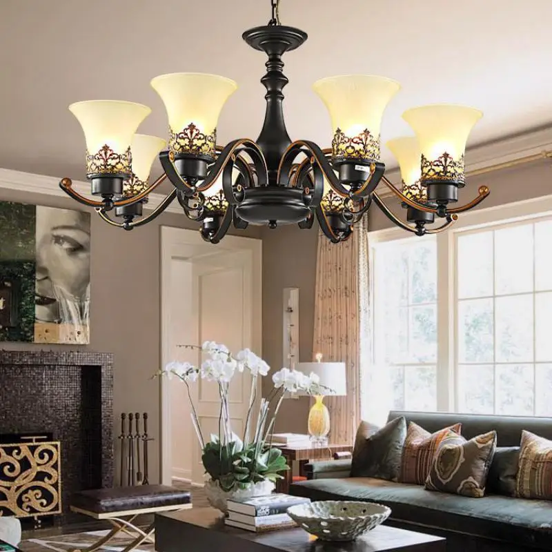 

American Country Chandelier Living Room Lamps Home Restaurant LED Light Glass Creative Chandeliers Staircase Lamp