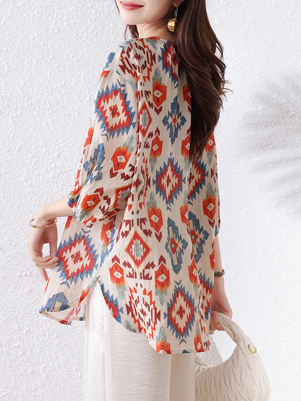 Ele الأزهار طباعة الشيفون irt المرأة الصيف جديد فضفاض Sle رقيقة Faionable أعلى خمر تخفيف Sle جولة Ne Seven... #2