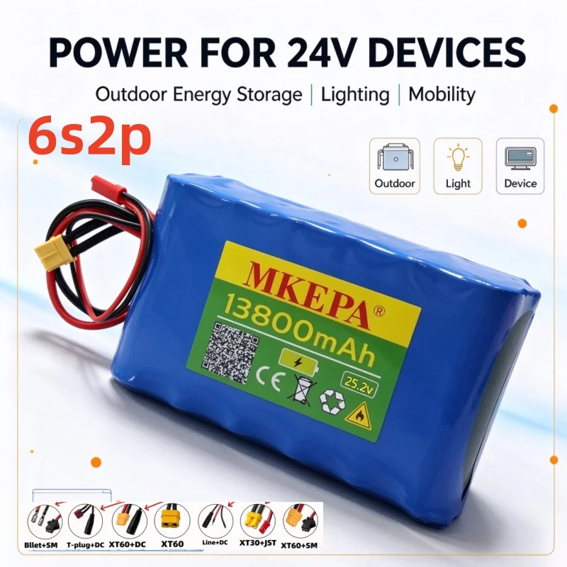 25.2V 13800mAh 13.8Ah 6S2P 18650 Lithium Battery Pack 24V Electric Bicycle E-scooter Battery with BMS XT60/T/DC Connector