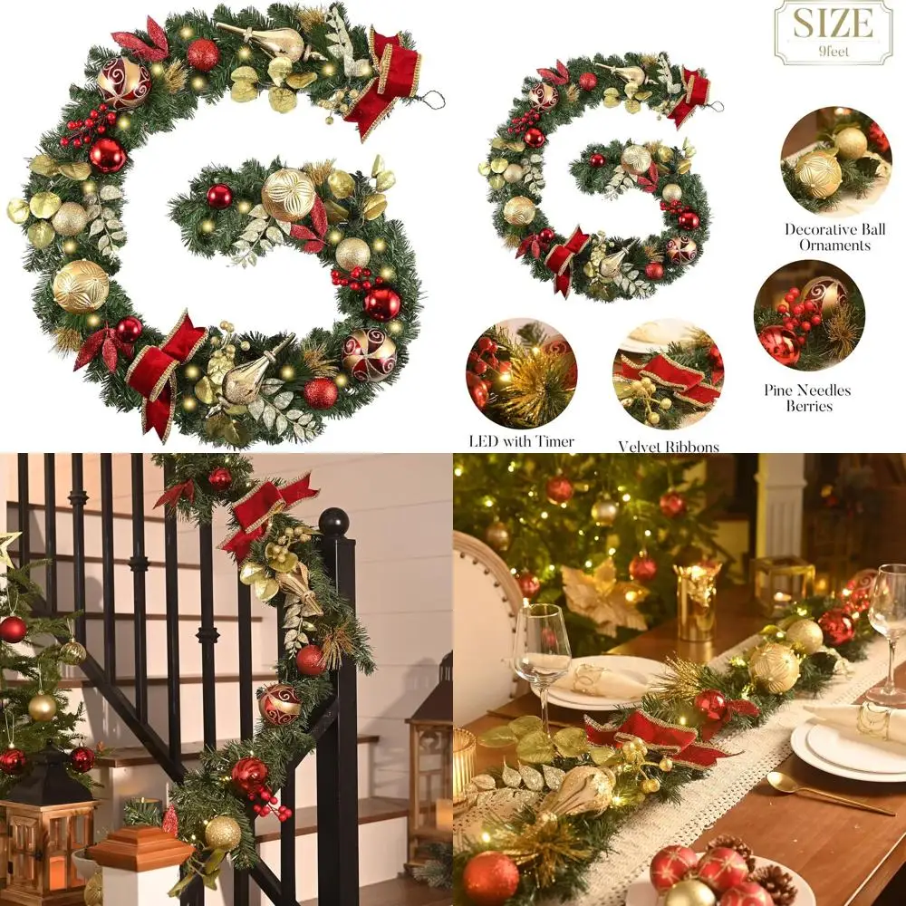 

Pre-Lit Christmas Garland with Lights for Mantle, Red and Gold Ball Ribbons Indoor Outdoor Holiday Decor