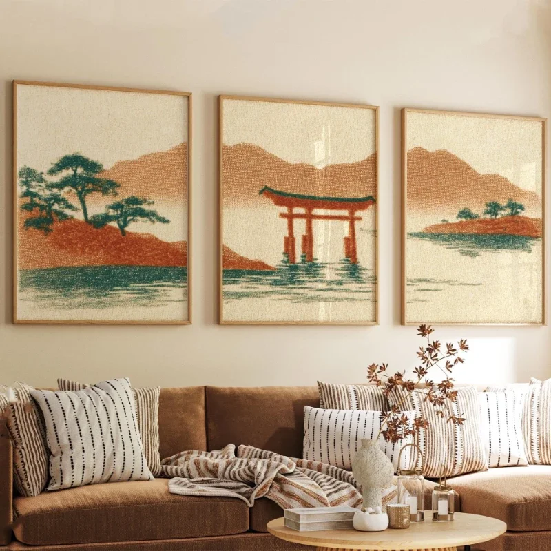 Multiple sizes 3pcs frameless Canvas Painting,3pcs Minimalist Japanese Torii Gate Coastal Scenery Poster Stylish Retro Seascape