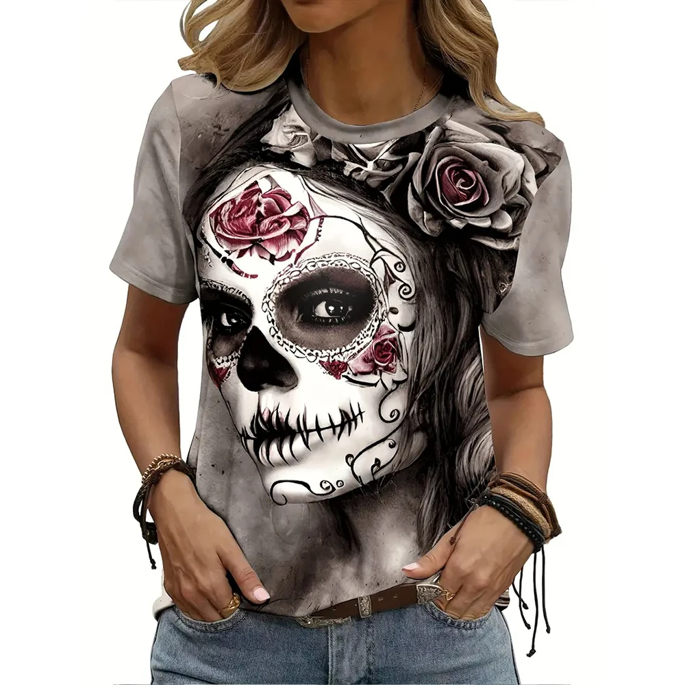 Fashion Skull Printed Women's Short Sleeve T-Shirts Dark Style Round Neck Casual Tops Summer Breathable Pullovers Tees Clothing