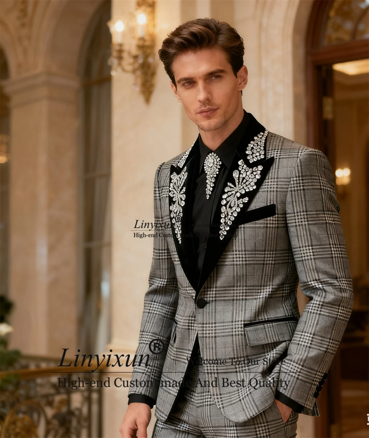 

High End Crystals Lapel Men Suits 2 Pieces Sets Wedding Party Plaid Tuxedos Customized Groom Slim Fit Prom Blazer Ropa Hombre