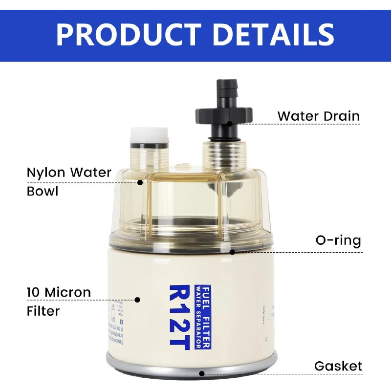 R12T Fuel Filter Water Separator with Bowl and R12T Element - Replaces# S3240 R12T 120AT 18-7987 NPT ZG1/4-19 Automotive Parts
