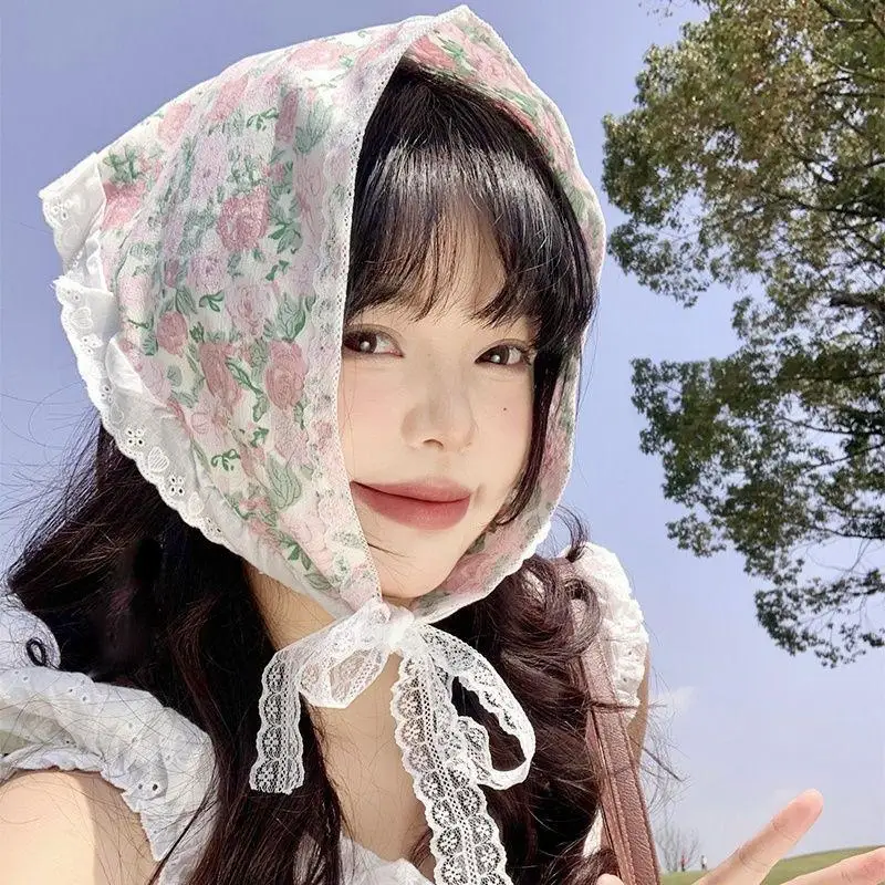 

Retro Sweet Flower Triangle Hair Scarf Women Headband French Pastoral Headdress Girls Summer Lace Hair Accessories