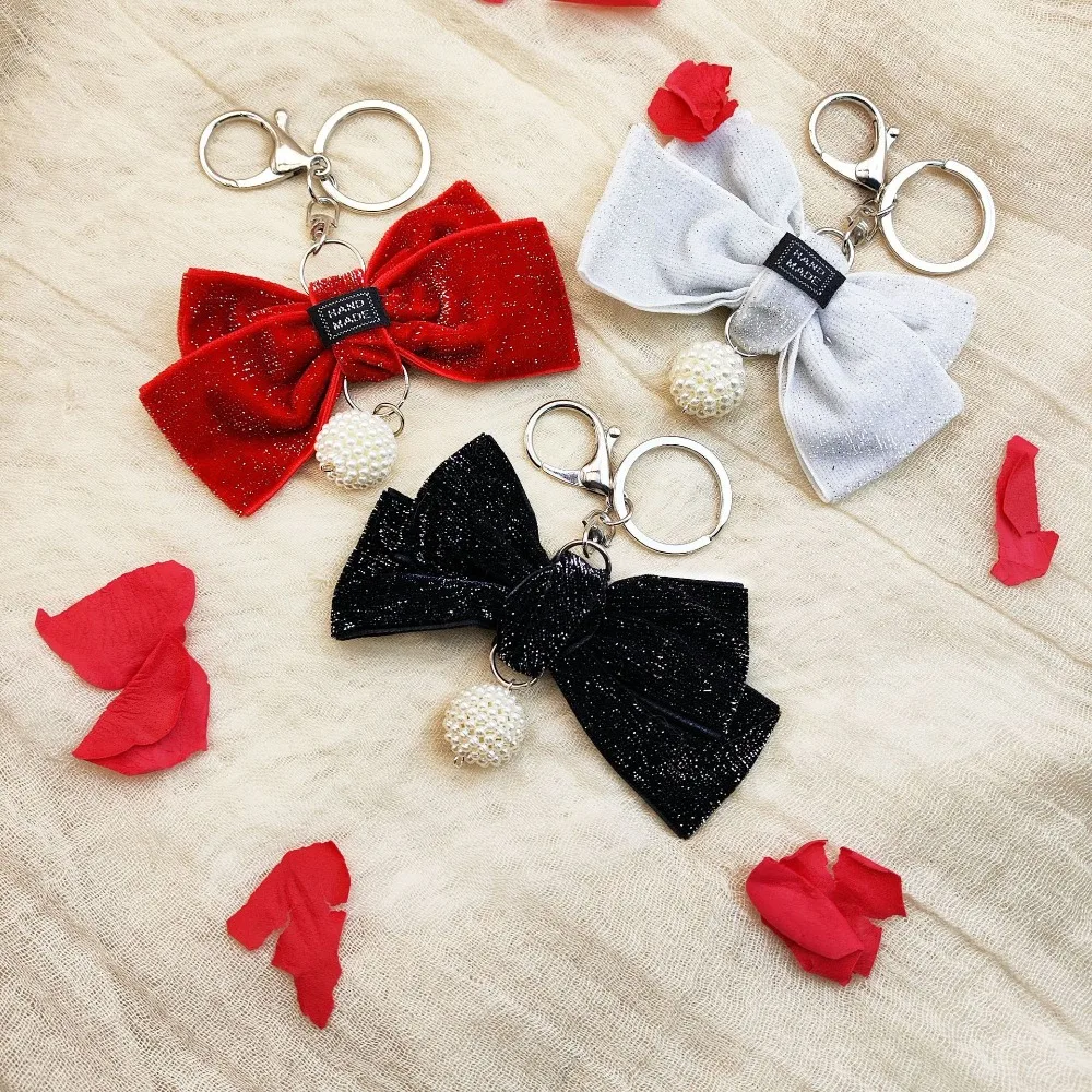

Stainless Steel New Design Korean Style Fashionable Velvet Bow Keychain Pendant Creative Red Festive Gift Car Accessories