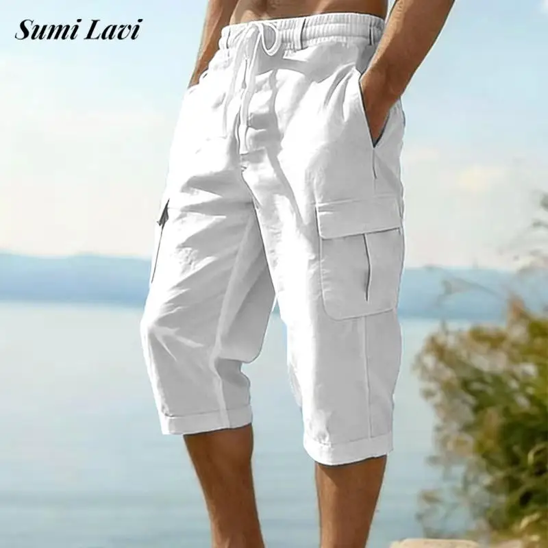 

2026 Summer New Casual Mens Linen Shorts Vintage Multi Pocket Loose Straight Cargo Shorts Men Leisure Solid Color Linen Bottoms