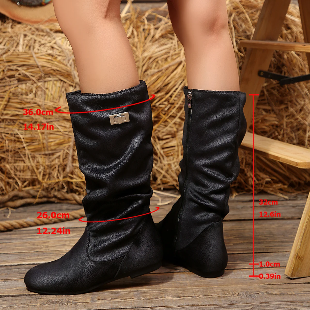 Damen-Lederstiefel, modische, plissierte Keilstiefel, lange Stiefel, runde Zehen, Herbst/Winter, einfarbige Slip-on-Schuhe, Damen-High-Boots – Detail 5