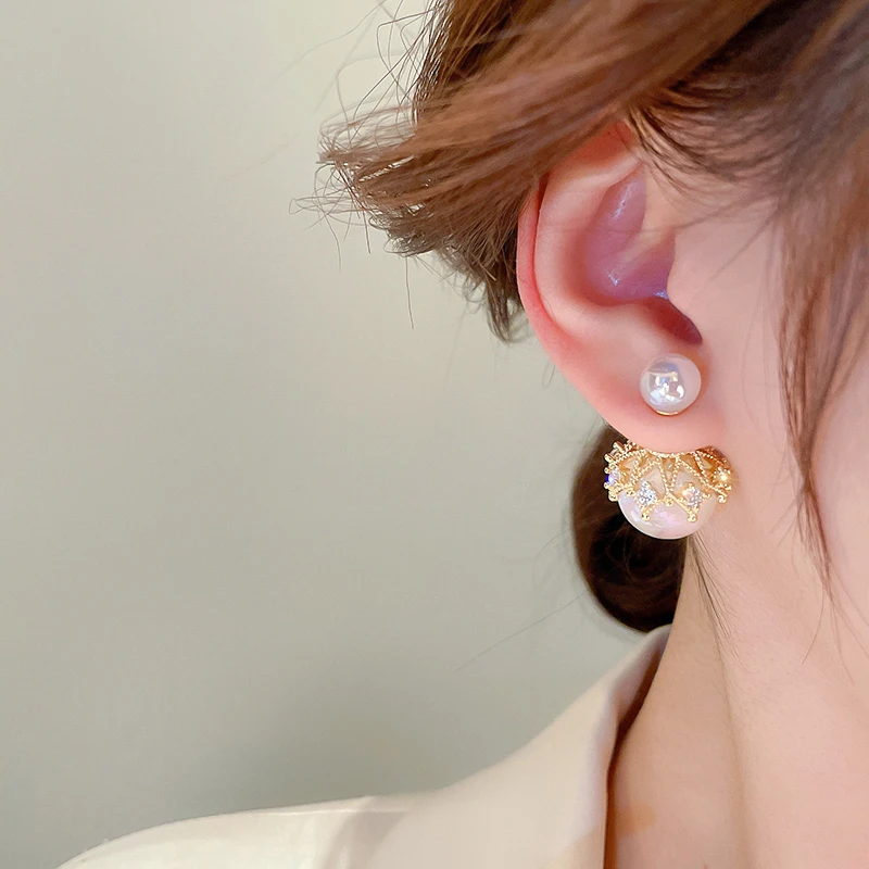 Rhinestone Imitation Pearl Drop Earrings Korean Temperament Double-Sided Earrings Fashion Elegant Design Ear Jewelry